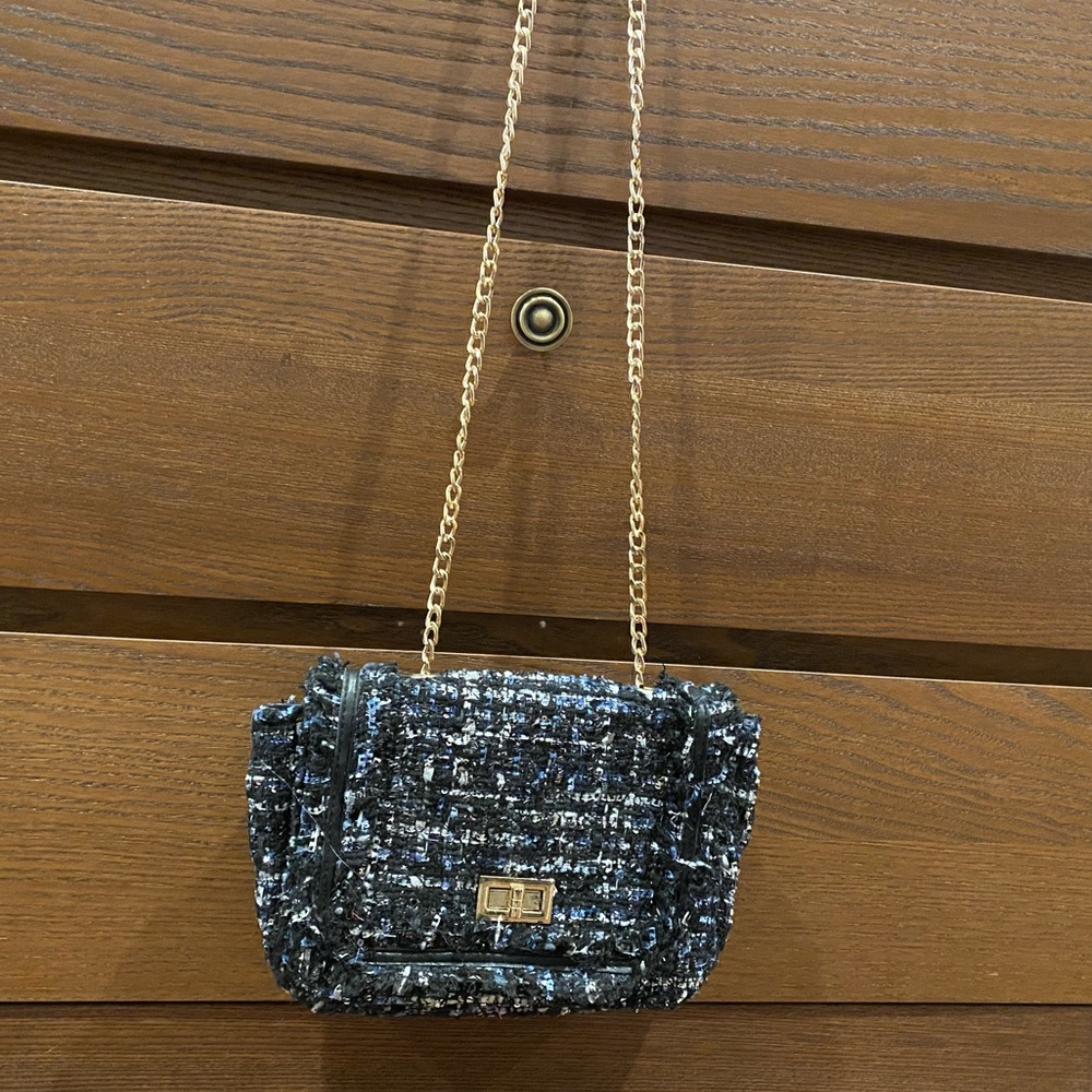 Blue black white tweed crossbody w/ gold hardware
